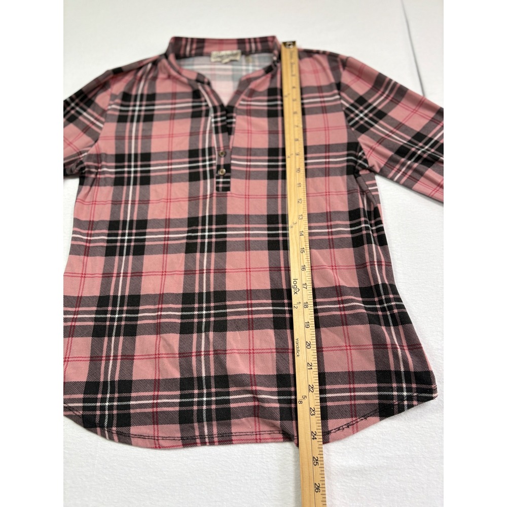 Claudia Richard Petites Pink Black Plaid Henley 3/4 Roll Tab Sleeve Blouse PM - Picture 5 of 6